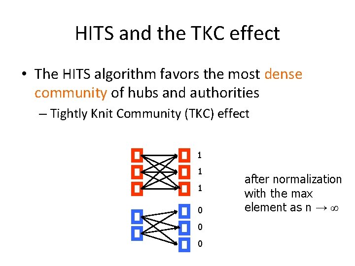 HITS and the TKC effect • The HITS algorithm favors the most dense community
