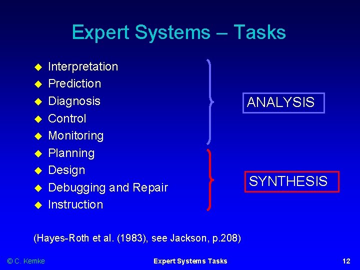 Expert Systems – Tasks Interpretation Prediction Diagnosis Control Monitoring Planning Design Debugging and Repair