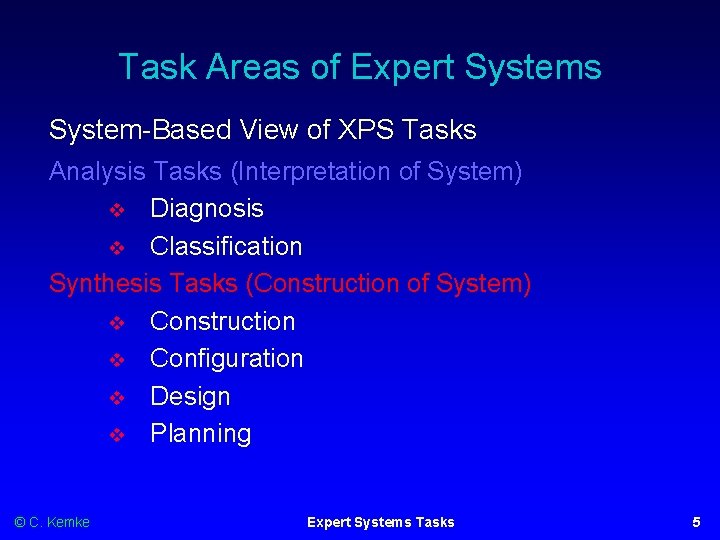 Task Areas of Expert Systems System-Based View of XPS Tasks Analysis Tasks (Interpretation of