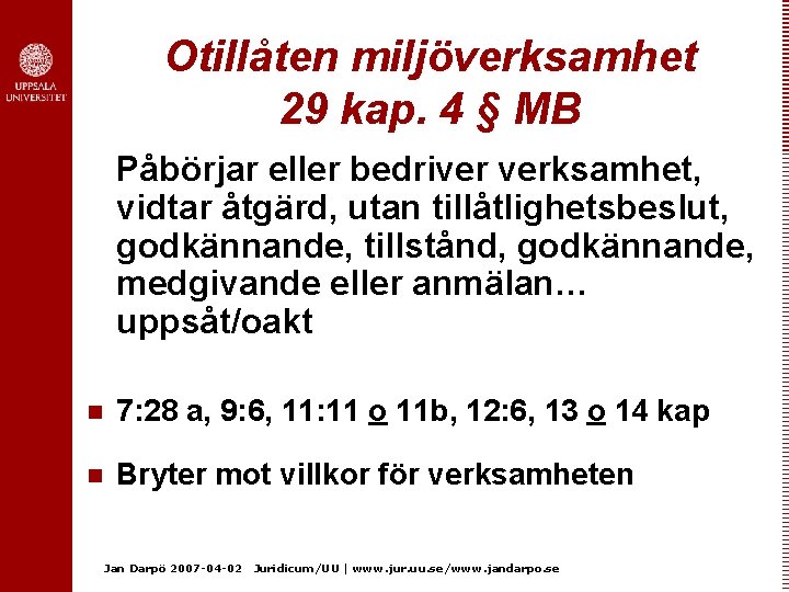 Otillåten miljöverksamhet 29 kap. 4 § MB Påbörjar eller bedriver verksamhet, vidtar åtgärd, utan