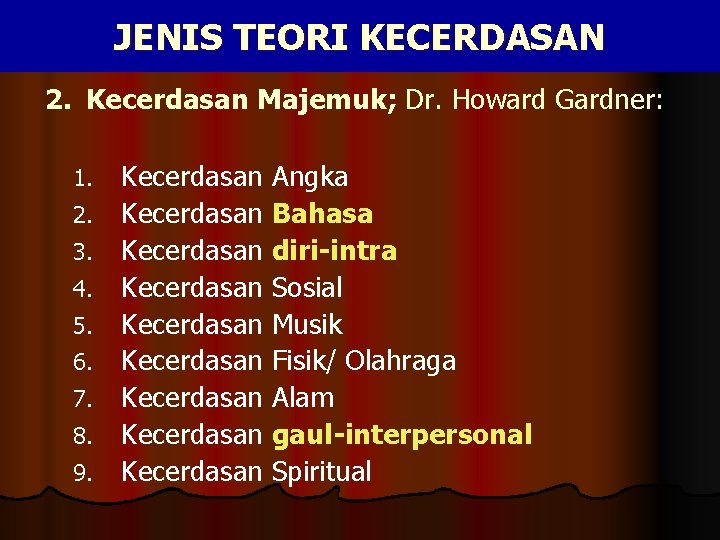 JENIS TEORI KECERDASAN 2. Kecerdasan Majemuk; Dr. Howard Gardner: 1. 2. 3. 4. 5.