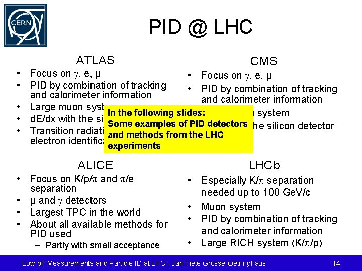 PID @ LHC ATLAS CMS ALICE LHCb • Focus on g, e, µ •