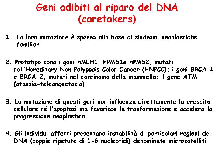 Geni adibiti al riparo del DNA (caretakers) 1. La loro mutazione è spesso alla