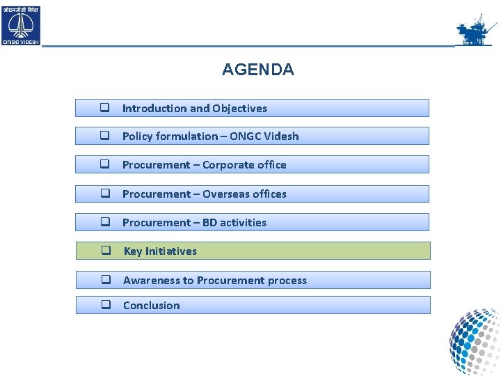 AGENDA q Introduction and Objectives q Policy formulation – ONGC Videsh q Procurement –