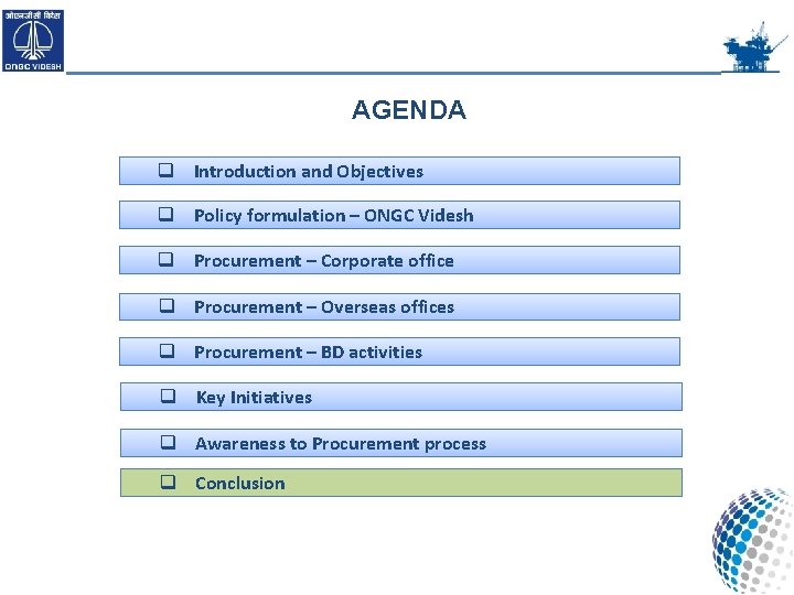 AGENDA q Introduction and Objectives q Policy formulation – ONGC Videsh q Procurement –