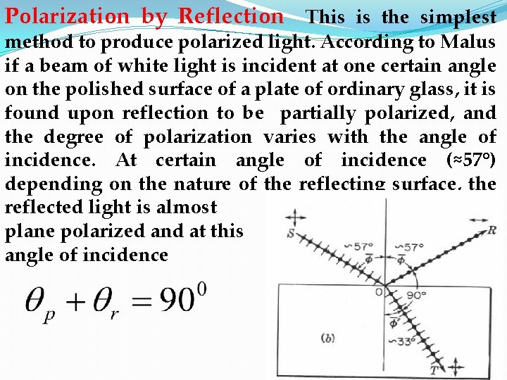 Polarization by Reflection This is the simplest method to produce polarized light. According to