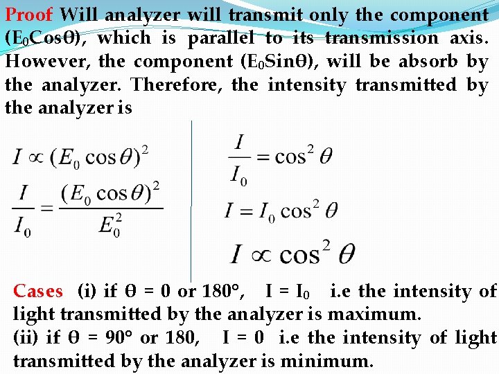 Proof Will analyzer will transmit only the component (E₀Cosθ), which is parallel to its