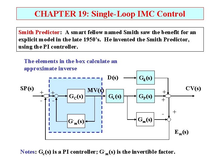 CHAPTER 19: Single-Loop IMC Control Smith Predictor: A smart fellow named Smith saw the CHAPTER 19: Single-Loop IMC Control Smith Predictor: A smart fellow named Smith saw the