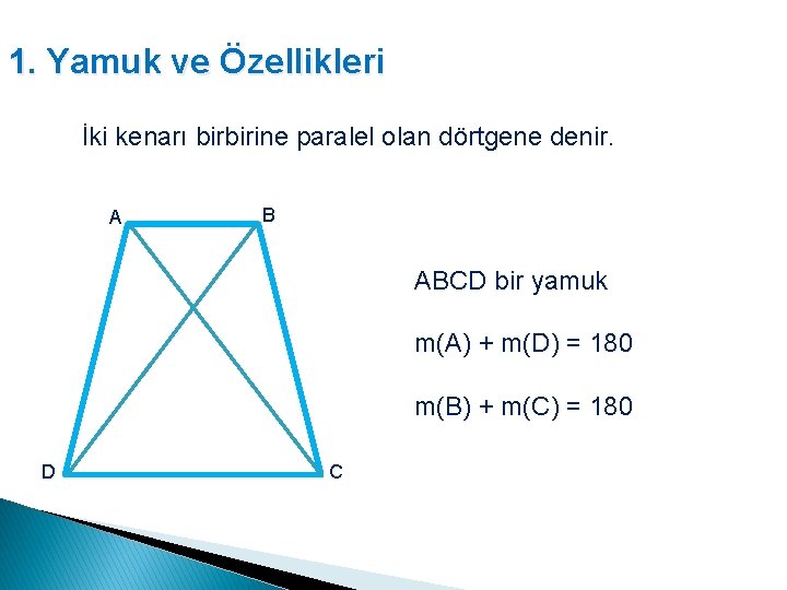 1. Yamuk ve Özellikleri İki kenarı birbirine paralel olan dörtgene denir. A B ABCD