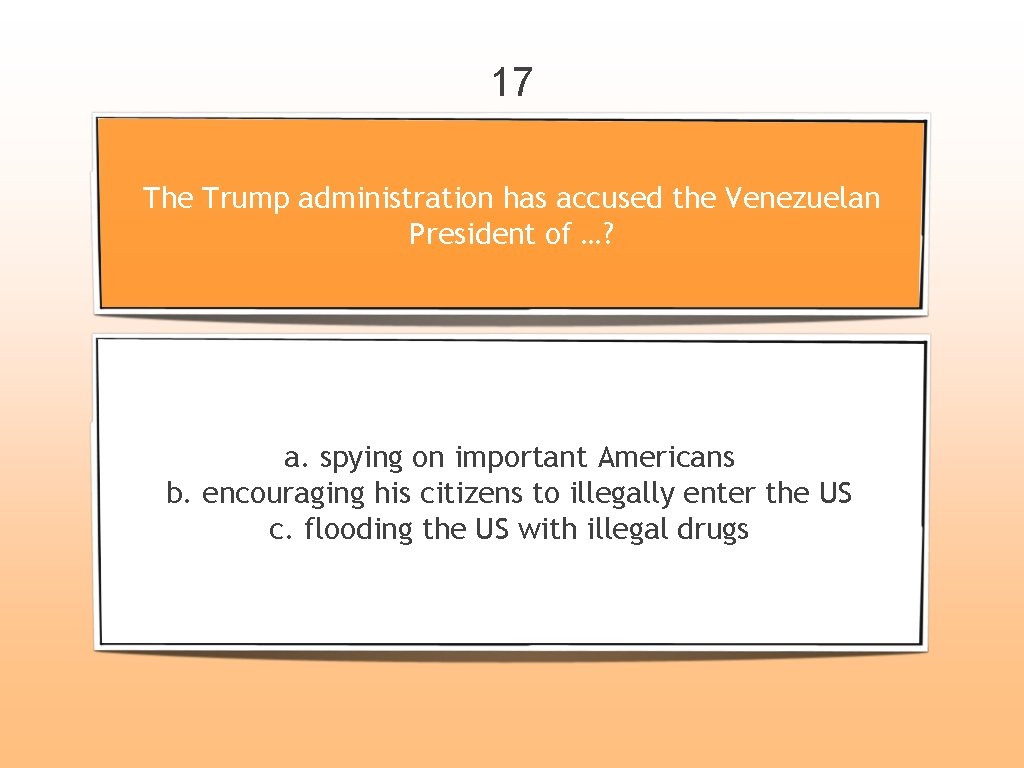 17 The Trump administration has accused the Venezuelan President of …? a. spying on