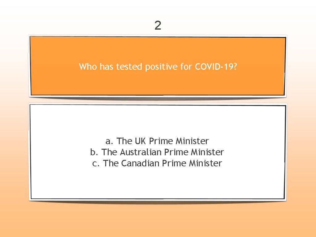 2 Who has tested positive for COVID-19? a. The UK Prime Minister b. The