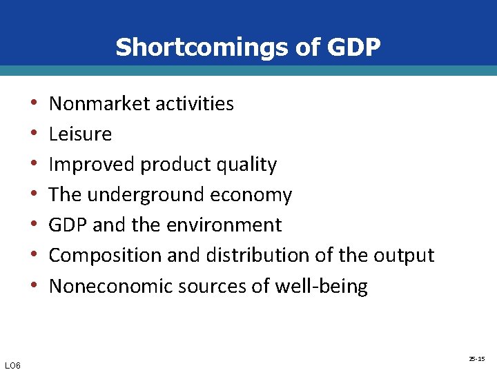 Shortcomings of GDP • • LO 6 Nonmarket activities Leisure Improved product quality The