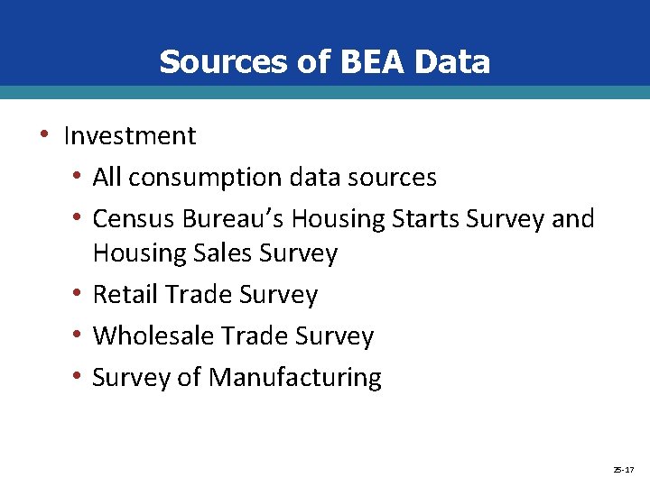 Sources of BEA Data • Investment • All consumption data sources • Census Bureau’s