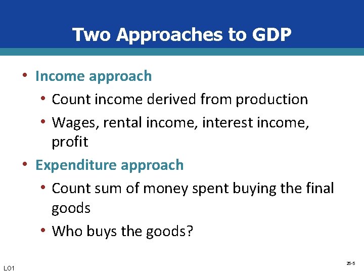 Two Approaches to GDP • Income approach • Count income derived from production •