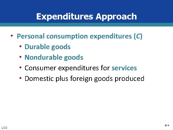 Expenditures Approach • Personal consumption expenditures (C) • Durable goods • Nondurable goods •