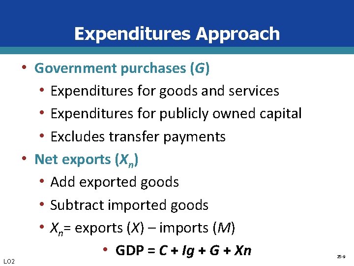 Expenditures Approach LO 2 • Government purchases (G) • Expenditures for goods and services