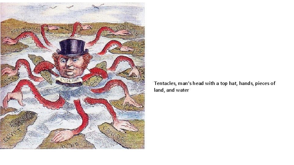 Tentacles, man’s head with a top hat, hands, pieces of land, and water 