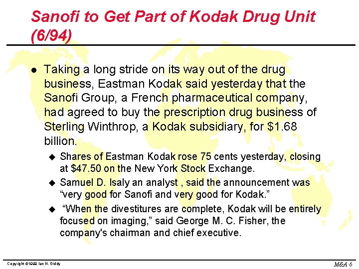 Sanofi to Get Part of Kodak Drug Unit (6/94) l Taking a long stride