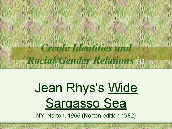 Creole Identities and Racial/Gender Relations in Jean Rhys's Wide Sargasso Sea NY: Norton, 1966