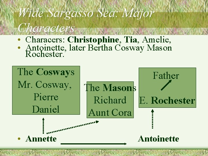 Wide Sargasso Sea: Major Characters • Characers: Christophine, Tia, Amelie, • Antoinette, later Bertha