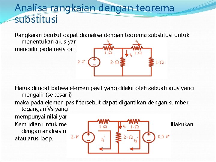 Analisa rangkaian dengan teorema substitusi Rangkaian berikut dapat dianalisa dengan teorema substitusi untuk menentukan