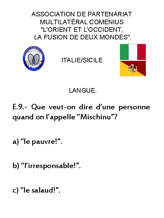 ASSOCIATION DE PARTENARIAT MULTILATÉRAL COMENIUS "L'ORIENT ET L'OCCIDENT, LA FUSION DE DEUX MONDES". ITALIE/SICILE