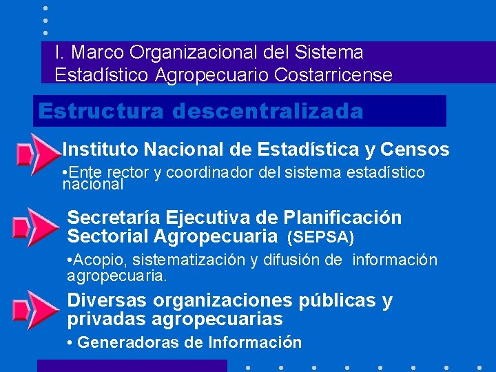 I. Marco Organizacional del Sistema Estadístico Agropecuario Costarricense Estructura descentralizada Instituto Nacional de Estadística