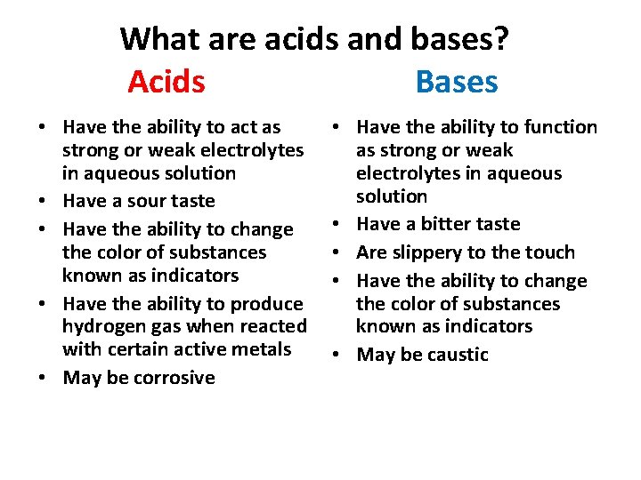 What are acids and bases? Acids Bases • Have the ability to act as