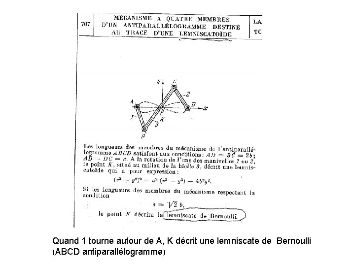 Quand 1 tourne autour de A, K décrit une lemniscate de Bernoulli (ABCD antiparallélogramme)