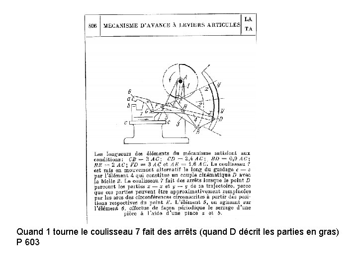 Quand 1 tourne le coulisseau 7 fait des arrêts (quand D décrit les parties