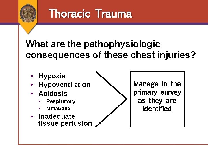 Thoracic Trauma What are the pathophysiologic consequences of these chest injuries? • Hypoxia • Thoracic Trauma What are the pathophysiologic consequences of these chest injuries? • Hypoxia •