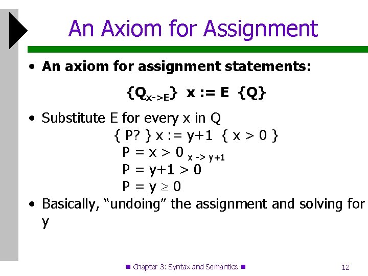 An Axiom for Assignment • An axiom for assignment statements: {Qx->E} x : =