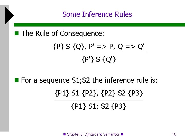 Some Inference Rules The Rule of Consequence: {P} S {Q}, P' => P, Q