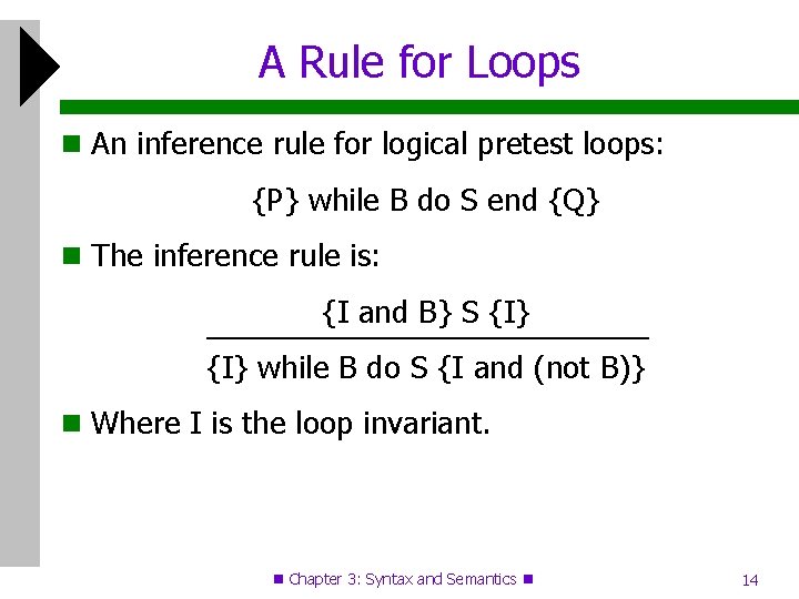 A Rule for Loops An inference rule for logical pretest loops: {P} while B