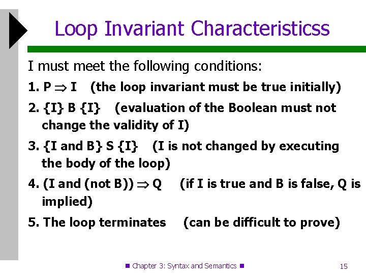 Loop Invariant Characteristicss I must meet the following conditions: 1. P I (the loop