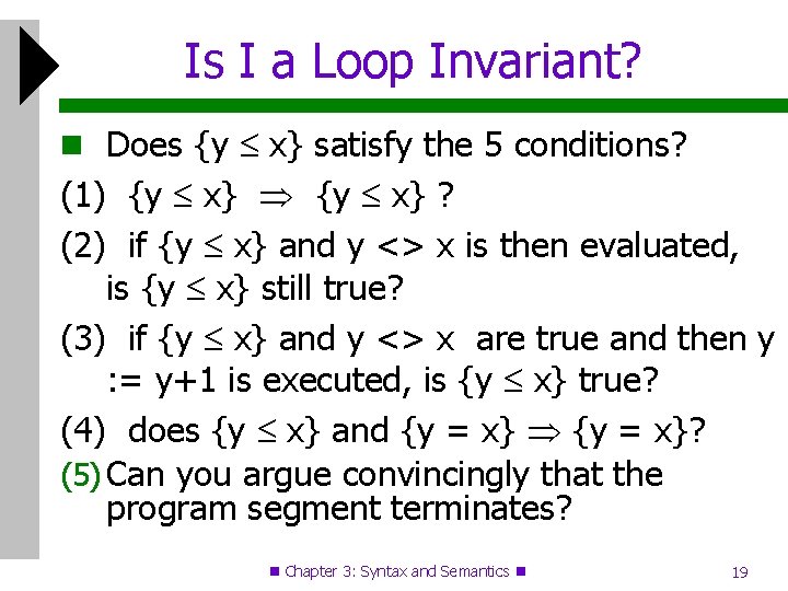 Is I a Loop Invariant? Does {y x} satisfy the 5 conditions? (1) {y