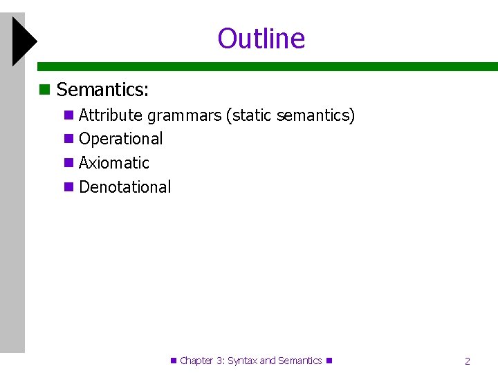 Outline Semantics: Attribute grammars (static semantics) Operational Axiomatic Denotational Chapter 3: Syntax and Semantics