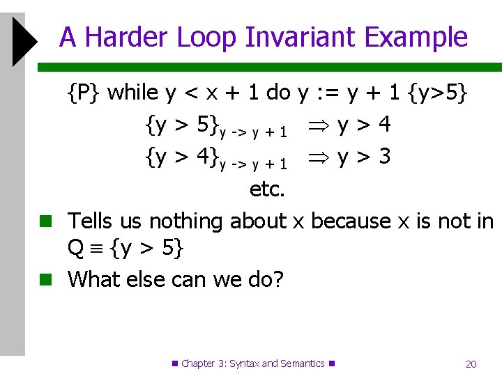 A Harder Loop Invariant Example {P} while y < x + 1 do y