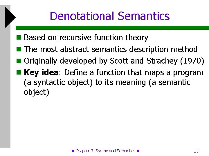 Denotational Semantics Based on recursive function theory The most abstract semantics description method Originally