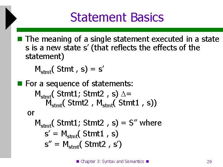 Statement Basics The meaning of a single statement executed in a state s is