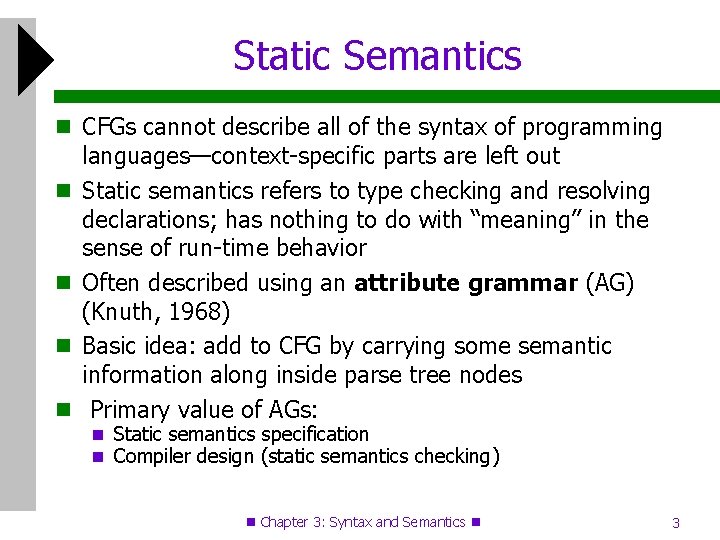 Static Semantics CFGs cannot describe all of the syntax of programming languages—context-specific parts are