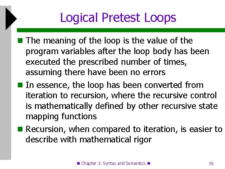 Logical Pretest Loops The meaning of the loop is the value of the program