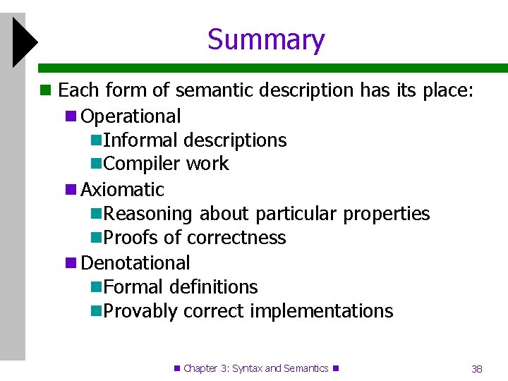 Summary Each form of semantic description has its place: Operational Informal descriptions Compiler work