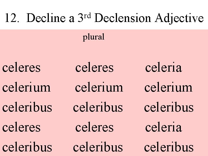 12. Decline a rd 3 Declension Adjective plural celeres celerium celeribus celeres celeribus celeria