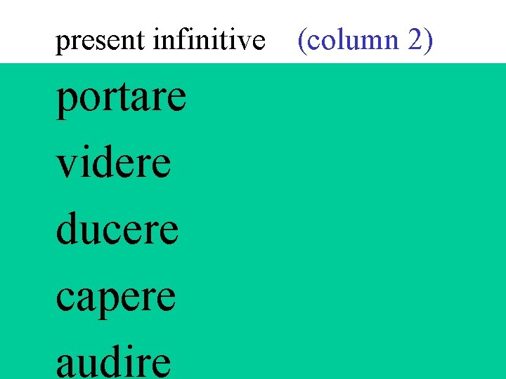 present infinitive portare videre ducere capere audire (column 2) 