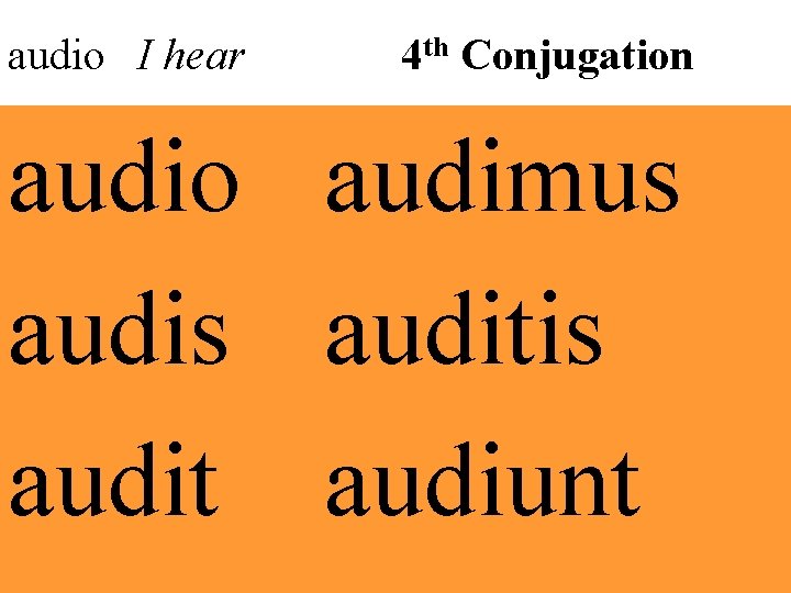 audio I hear 4 th Conjugation audio audimus auditis audit audiunt 