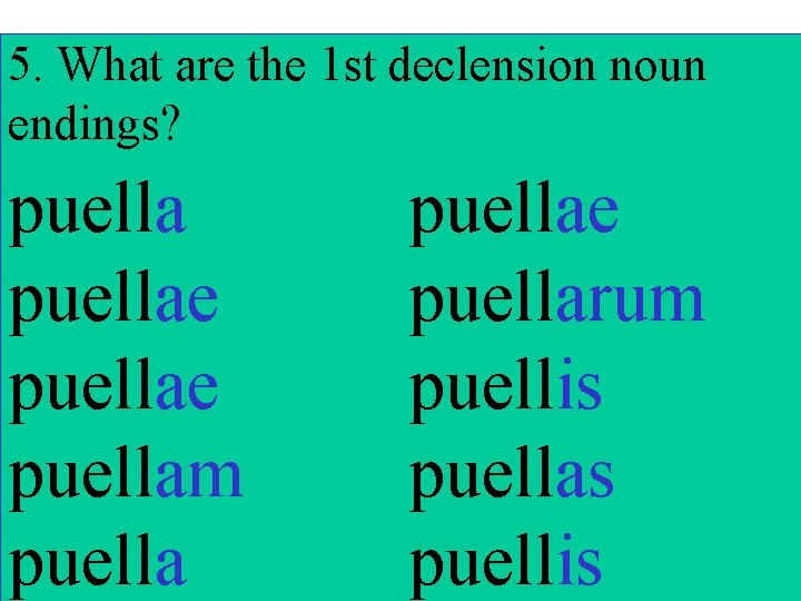 5. What are the 1 st declension noun endings? puellae puellam puellae puellarum puellis