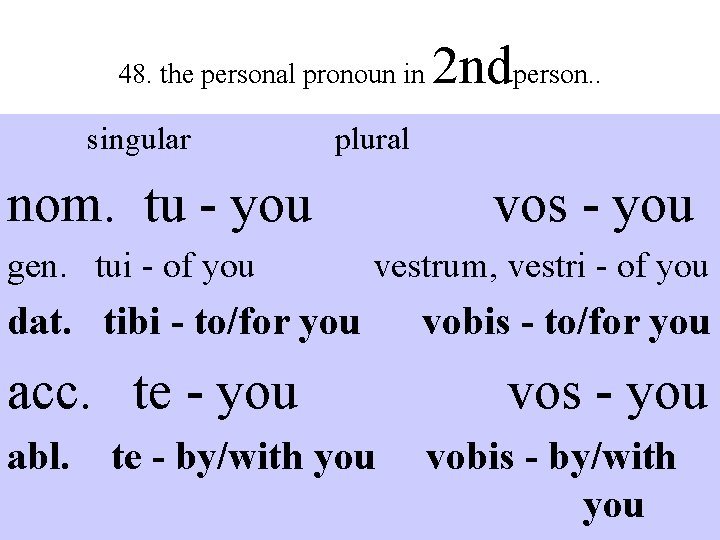 48. the personal pronoun in singular plural nom. tu - you gen. tui -