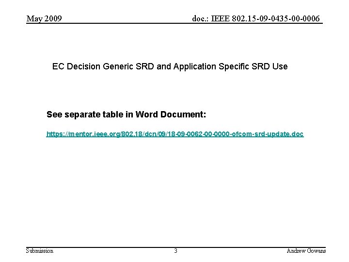 May 2009 doc. : IEEE 802. 15 -09 -0435 -00 -0006 EC Decision Generic