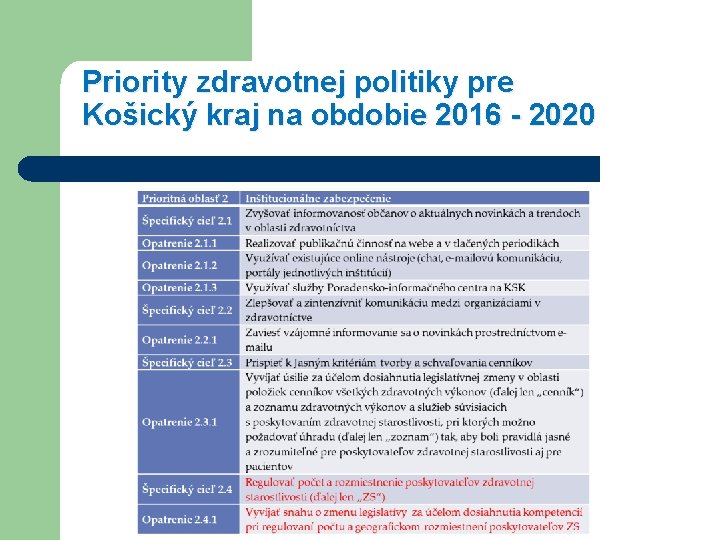Priority zdravotnej politiky pre Košický kraj na obdobie 2016 - 2020 